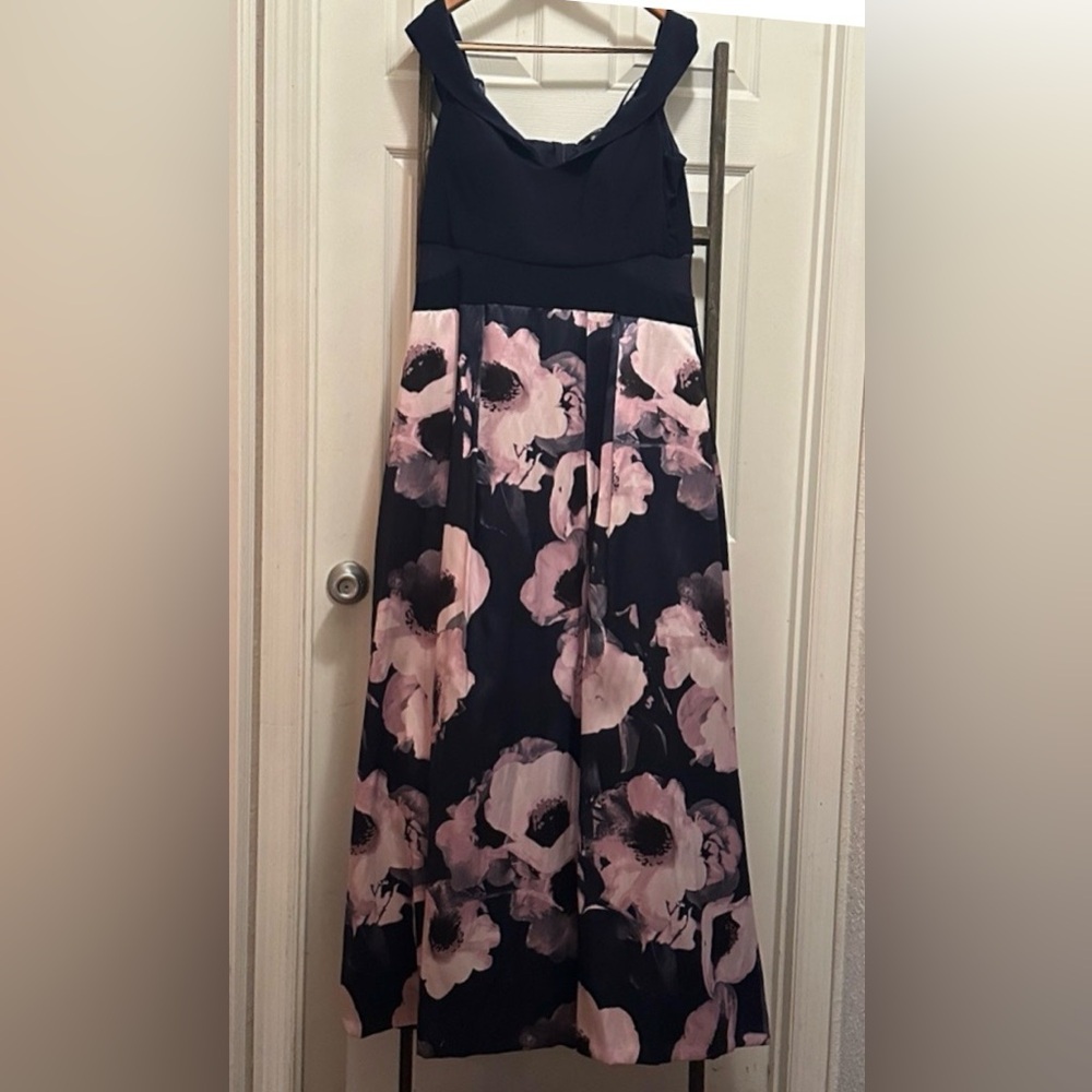 Xscape Navy and Light Pink Floral Prom Dress